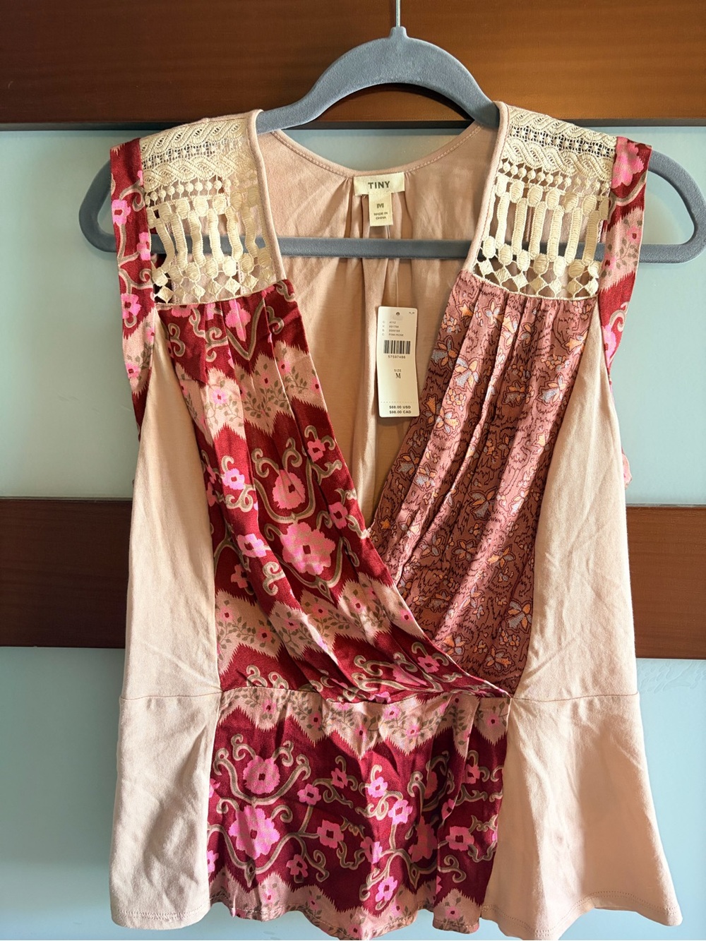TINY Pink Patchwork Lace-Trim Surplice Blouse Anthropologie Size Medium